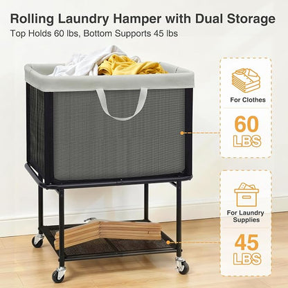 STO STO Rolling Laundry Hamper with Lockable Wheels, 29-Gallon (110L) Laundry Cart with Removable Canvas Bag, 2-Tier Clothes Basket Hamper with Shelf for Closet, Bedroom, Bathroom, Laundry Room, Gray