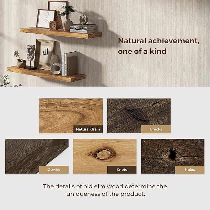 Rustic Floating Shelves for Home Decor, 32 Inch Long Wall Shelves Set of 2, Solid Elm Wood Floating Shelf for Wall, 8 Inch Deep Bookshelf for Storage & Display, 32 x 8 Bathroom Shelf, Natural Color