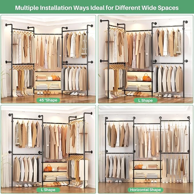 Aheaplus Expandable Industrial Pipe Clothing Rack, 7.3-10.9Ft Wall Mounted Closet System, Reversible L Shaped Clothes Rack for Hanging Clothes, Heavy Duty Corner Closet Wardrobe Garment Rack, Black