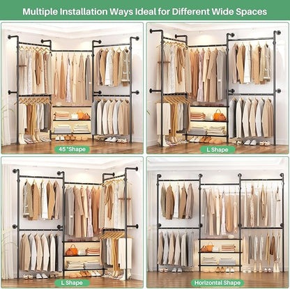 Aheaplus Expandable Industrial Pipe Clothing Rack, 7.3-10.9Ft Wall Mounted Closet System, Reversible L Shaped Clothes Rack for Hanging Clothes, Heavy Duty Corner Closet Wardrobe Garment Rack, Black