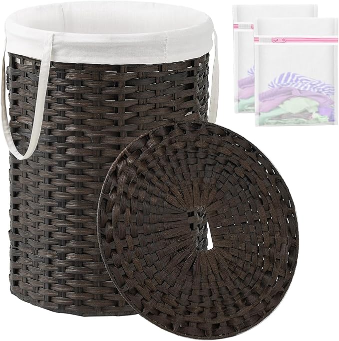 SETVSON Laundry Basket with Lid Round Rattan Laundry Hamper with Lid and Handles 29.1 Gal (110 L) Handwoven Woven Basket with Removable Bags and 2 Mesh Bags for Bathroom Living Room Brown