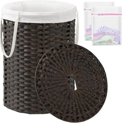 SETVSON Laundry Basket with Lid Round Rattan Laundry Hamper with Lid and Handles 29.1 Gal (110 L) Handwoven Woven Basket with Removable Bags and 2 Mesh Bags for Bathroom Living Room Brown