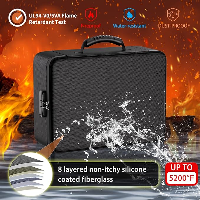 ENGPOW Fireproof Document Box with Lock,5200℉ Soft Case Fireproof Box with 25 Pocket Accordion File Folder,Multi-Layer Fireproof Water Resistant File Organizer Storage for Important Documents,Laptop