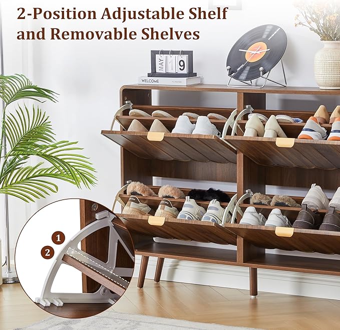 ORRD Shoe Storage Cabinet for Entryway with 4 Flip Drawers, Freestanding Narrow Wood Shoe Cabinet with Wave Panel, Hidden Shoe Organizer for Foyer, Hallway (Walnut)