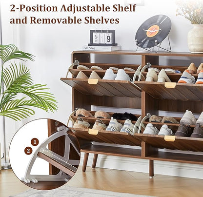 ORRD Shoe Storage Cabinet for Entryway with 4 Flip Drawers, Freestanding Narrow Wood Shoe Cabinet with Wave Panel, Hidden Shoe Organizer for Foyer, Hallway (Walnut)