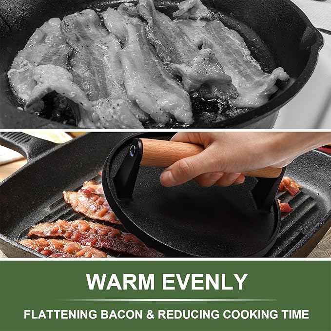 EWFEN Burger Press, 7" Round Heavy-Duty Cast Iron Smash Bacon Press Meat Steak with Wood Handle for Griddle, Sandwich, Nonstick Pan