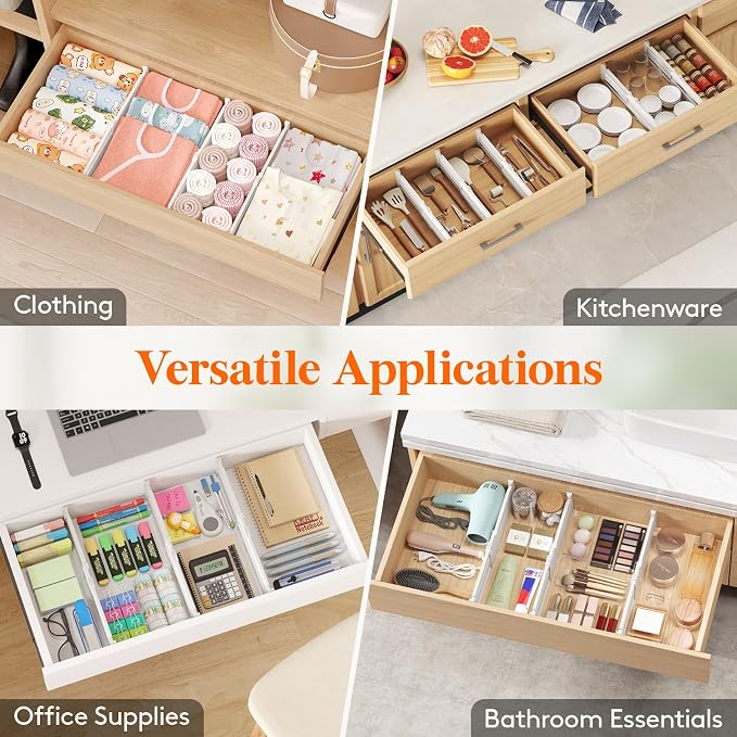 Lifewit 9 Pack Drawer Dividers for Clothes, 4" High 10.5"-16.5" Expandable Dresser Drawer Organizers, Adjustable White Plastic Separators for Kitchen, Cabinet, Nursery, Socks & Underwear Storage