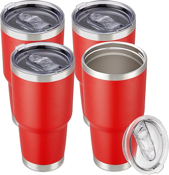 30 oz Tumbler with Lid Stainless Steel Tumblers Bulk Vacuum Insulated Cup Reusable Powder Coated Travel Mug Double Wall Leak Proof Cups Keep Cold Drinks for 12 Hours Wine Red, Set of 4