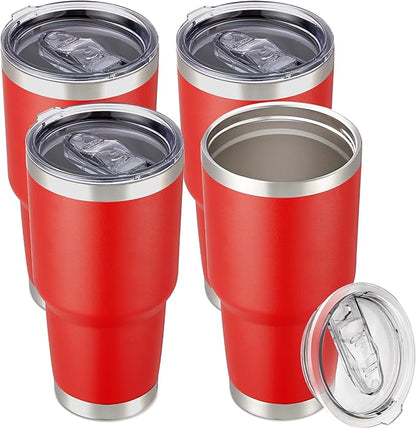 30 oz Tumbler with Lid Stainless Steel Tumblers Bulk Vacuum Insulated Cup Reusable Powder Coated Travel Mug Double Wall Leak Proof Cups Keep Cold Drinks for 12 Hours Wine Red, Set of 4