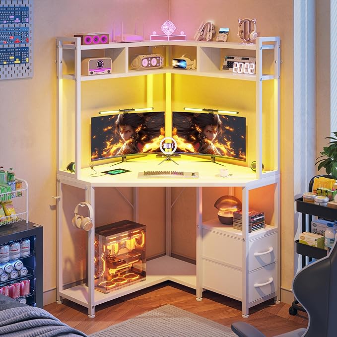 Corner Desk,35.4" W x 63" H Small Computer Desk and Office Desk with Hutch & LED Lights，Gaming Desk with Storage Drawers & Shelves and Hook for Small Space，White