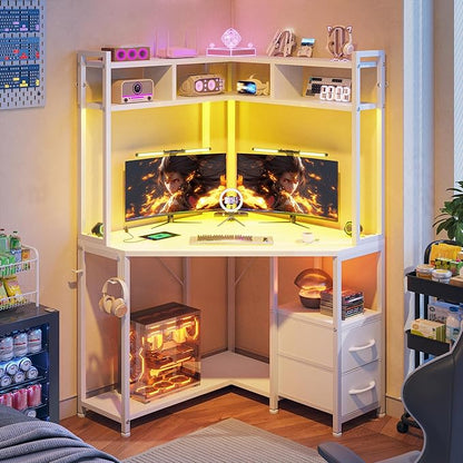 Corner Desk,35.4" W x 63" H Small Computer Desk and Office Desk with Hutch & LED Lights，Gaming Desk with Storage Drawers & Shelves and Hook for Small Space，White
