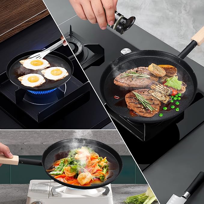8-inch Frying Pan Skillet Flat Crepe Pan, Lightweight Grill Pan with Wooden Handle for Camping Indoor Outdoor Cooking