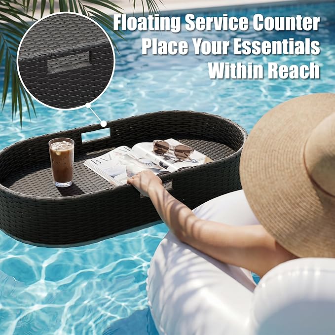 Greesum Wicker Pool Floating Tray, 38”x20” Oval Portable Serving Tray for Holding Fruits, Drinks & Essentials, Suitable for Pool Activities, Bathtub, Hot Tub, Beach Parties, Black