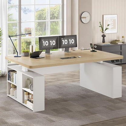 SEDETA 63" Executive Standing Desk with Storage, Executive Height Adjustable Desk with Power Outlets, Large Computer Office Desk with Privacy Panel for Home Office, Natural Oak