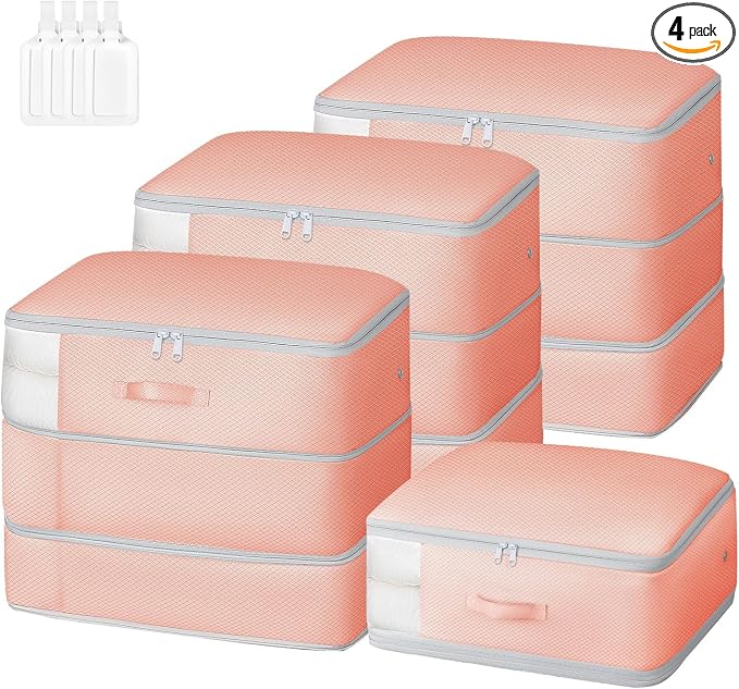 Comforter Storage Bag - Large Capacity Blanket Storage Bags 3-Layer Ultra Space Saving Self Compression Organizer, Washable Compression Bags for Storage Comforter Blanket, 4-Pack, Pink