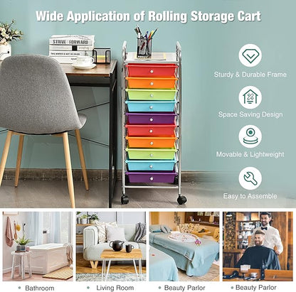 RELAX4LIFE 10 Drawer Rolling Cart, Slim Storage Cart w/Lockable Wheels for Classroom School Teacher Office, Art Supplies Paper Scrapbook Craft Organizers, Utility Cart with Drawers (Multicolor)