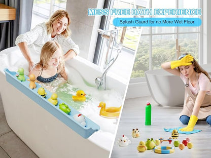 Cushore 3-Ft Bathtub Splash Guard PlayPad with Strong Suction Cups, Toy Tray Caddy Holder Storage, No-Leak, Mess-Free Bath Time for Kids, Blue