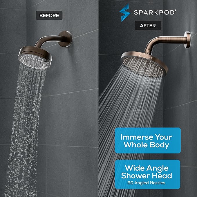 SparkPod Rain Shower Head, 8 Inch Round | High Pressure Shower Heads, 90 Nozzle (Touch-to-Clean), Adjustable Showerhead, No-tool Universal Connection