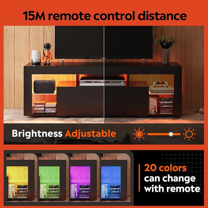 WLIVE TV Stand with LED Lights & 2 Large Storage Drawers, Modern Entertainment Center for 32/43/50/55/60 Inchs TVs, Sturdy TV Console for Living Room, Bedroom(Black)
