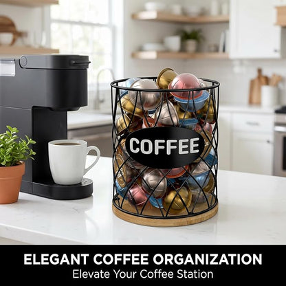 Coffee Pod Holder for K Cups – K Cup Organizer with Metal Wire and Bamboo Base, Large Capacity Coffee Pod Storage for Countertop, Coffee Bar or Kitchen, Pod Holder for K-Cup Style Capsule