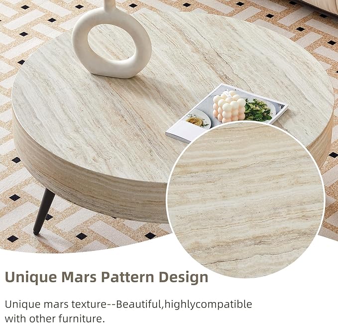LKTART Coffee Table for Living Room, Round Wood Coffee Tables, Modern Metal Accent Center Tea Table for Apartment Small Space (31Inch-Mars Light)