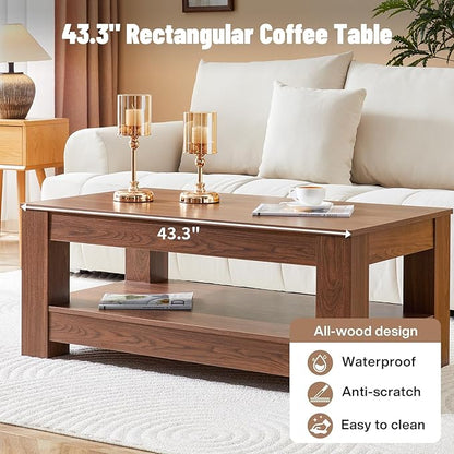 LKTART 43.3" Coffee Table with Storage, 2-Tier Mid Century Rectangular Accent Table with Thick Tabletop, Rustic Style Cocktail, Center Table for Living Room, Office, Apartment (Walnut)