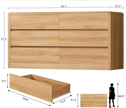 TEENFON 55" Wide Dresser for Bedroom with 6 Drawers, Dressers & Chests of Drawers with Curved Profile Design, Bedroom Dressers, Wood Dressers for Bedroom, Hallway, Natural