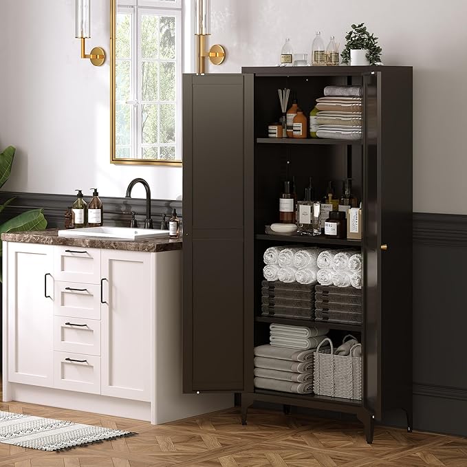 65"Tall Kitchen Pantry Storage Cabinet,Black Metal Storage Cabinets with Doors and Adjustable Shelves,5 Tier Freestanding Kitchen Cupboard for Dining Room Office Bathroom (Black, 65"H x 13"D x 27"W)