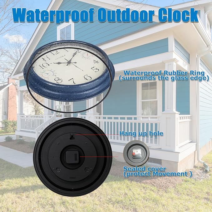 16 Inch Large Outdoor Clock with Thermometer & Hygrometer – Vintage Blue Coastal Decor Waterproof Wall Clock for Patio, Pool, Garden, Backyard