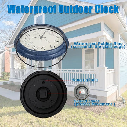 16 Inch Large Outdoor Clock with Thermometer & Hygrometer – Vintage Blue Coastal Decor Waterproof Wall Clock for Patio, Pool, Garden, Backyard
