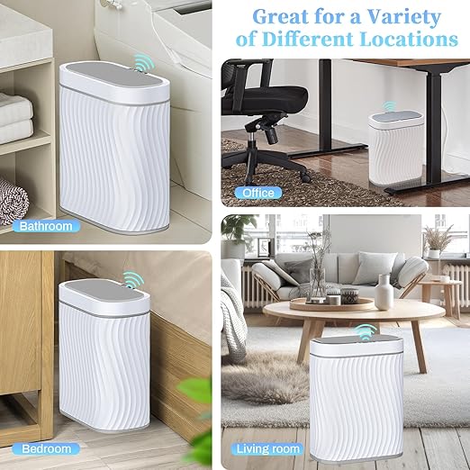 Bathroom Small Trash Can with Automatic Touchless Lid, 2.6 Gallon Smart Garbage Can Narrow Waterproof Trash Bin for Bedroom, Office, Living Room