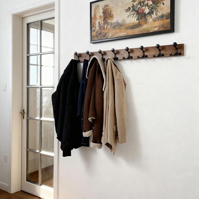 SKOLOO 43-Inch Wood Coat Rack Wall Mount with 8 Triple Hooks - Ideal for Family Entrances, Classrooms, and Pet Supplies Storage - Perfect Coat Hooks for Wall,Charred Golden Brown, Pack of 2