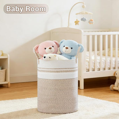 Tall Laundry Basket with Handles, 58L Portable Dirty Clothes Hamper, Boho Cotton Rope Storage Bin for Blankets Kids Toys Gifts, Decorative Organizer for Nursery Bedroom Bathroom, New Brown