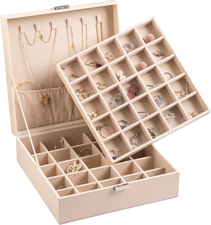 Frebeauty Earring Organizer Classic Jewelry Box 50 Slots Double Layer Jewelry Storage Case with 6 Necklace Hook and Bracelet Pocket(Beige)