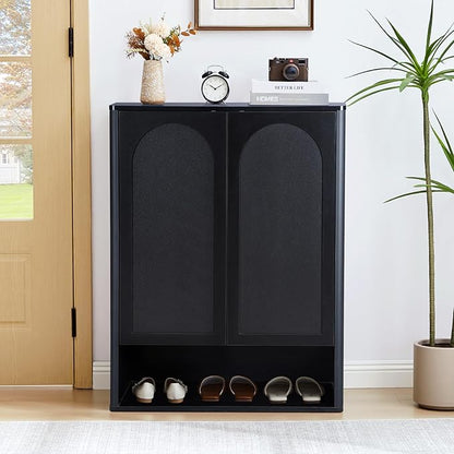 Shoe Cabinet, 5 Tier Wooden Shoe Storage Organizer Cabinet with Adjustable Shelves, Shoes Rack Accent Cabinet for Entryway Hallway Living Room, Black