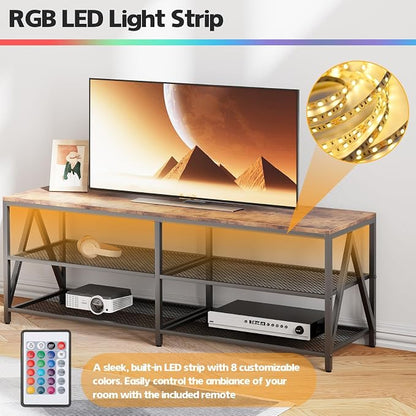 55 inch TV Stand with 3-Tier Open Shelf, Entertainment Center with Power Outlets & 8-Color LED Lights, TV Console Table for Living Room, Bedroom (Brown)
