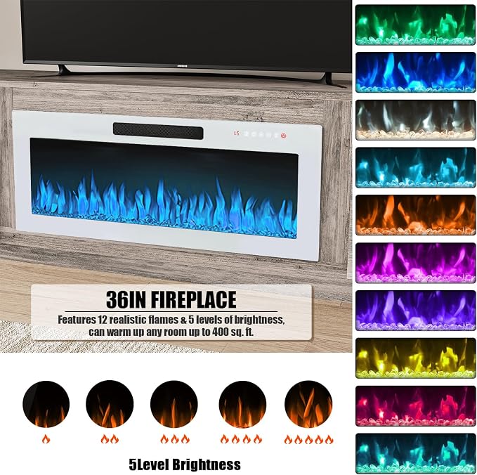 VITESSE TV Stand Fireplace with 36" inch Electric Fireplace Up to 90" TVs, LED Light Entertainment Center, 80" Modern Wood High Gloss with Highlight Storage Cabinet for Living Room (Gray)