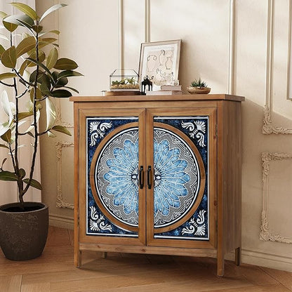 Sophia & William 2-Door Accent Cabinet, Distressed Storage Cabinet with Blue and White Porcelain Pattern for Entryway Living Room