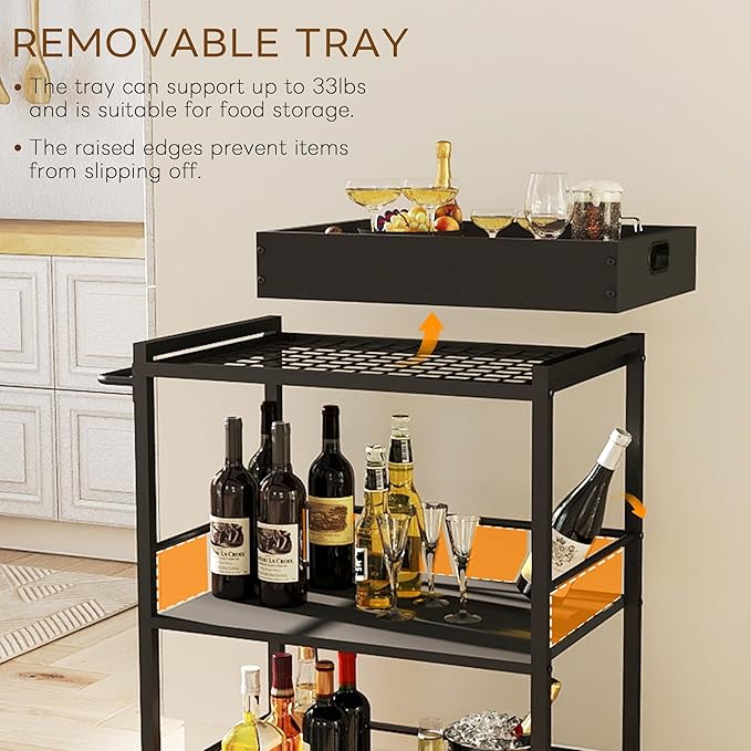 3 Tier Kitchen Cart, Rolling Bar Cart for Tea, Coffee, Liquor, and Drink Service with Removable Serving Detachable Server, Black