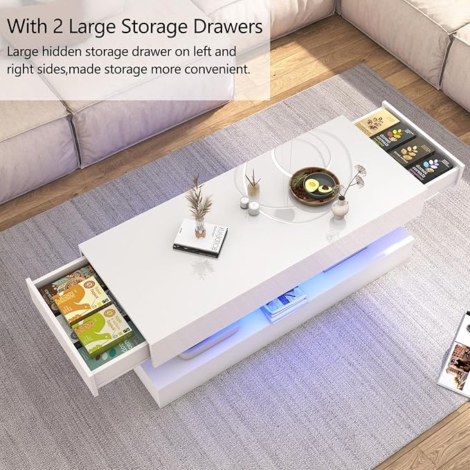 Uspeedy 47.3in Large High Glossy LED Coffee Table with 2 Storage Drawers,Black/White Modern Coffee Tables for Living Room,Living Room Tables,APP LED Lights (White)