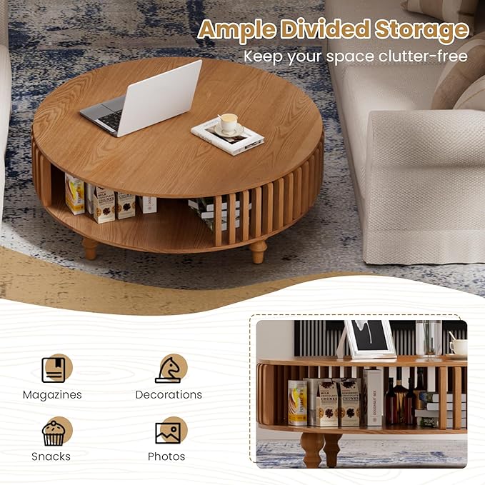 2-Tier Round Coffee Table 39.4" Round Coffee Table with Storage Mid-Century Modern Circle Accent Center Table Farmhouse Low Cocktail Tea Furniture for Living Room Small Spaces (39.4" Round)
