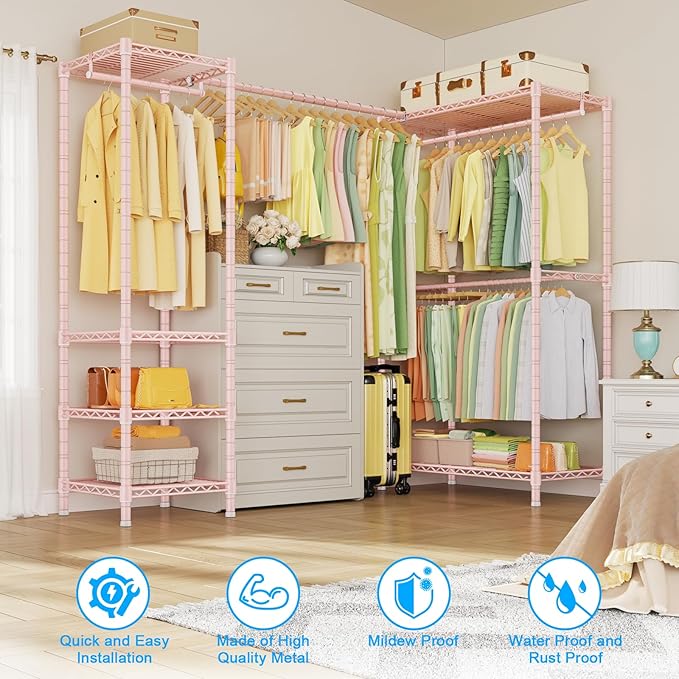 E10L L-Shaped Clothes Rack for Corner（With Expandable Hanger Rod）Heavy Duty Freestanding Clothing Racks for Hanging Clothes，Portable Garment Rack 58-82"W x 30"D x 72"H，Max Load 900LBS, Pink