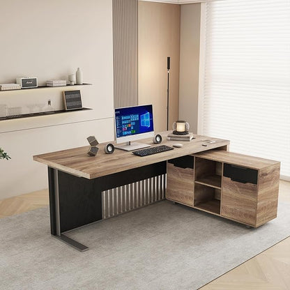 SAINTCY 63 Inch L Shaped Executive Desk with Drawers, Modern Computer Writing Desk with File Cabinet, Business Furniture W/Stand Under Storage Organizer with Wheels,1.97IN Thick Desktop