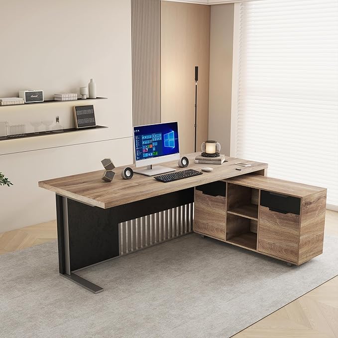 SAINTCY 70.87Inch L Shaped Executive Desk with Drawers, Modern Computer Writing Desk with File Cabinet, Business Furniture W/Stand Under Storage Organizer with Wheels,1.97IN Thick Desktop