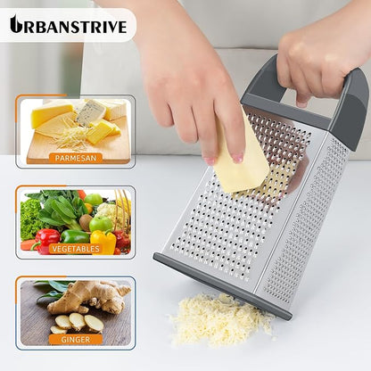Urbanstrive Cheese Grater With Container, Professional Cheese Grater with Handle, Stainless Steel Graters for Kitchen Handheld, Box Grater with 4 Sides for Vegetables, Ginger, Potatoes (Grey)