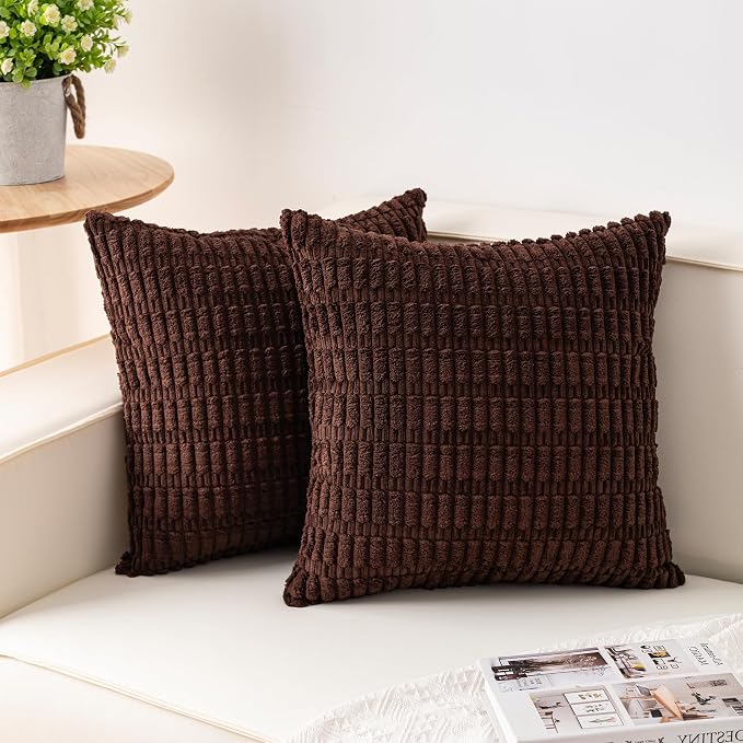 Aegero Pack of 2 Corduroy Decorative Throw Pillow Covers 22x22 Inch Soft Striped Pillow Covers Modern Farmhouse Home Decor for Sofa Living Room Couch Bed（Dark Brown）