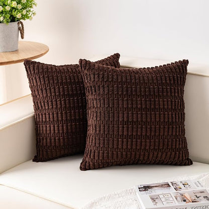 Aegero Pack of 2 Corduroy Decorative Throw Pillow Covers 22x22 Inch Soft Striped Pillow Covers Modern Farmhouse Home Decor for Sofa Living Room Couch Bed（Dark Brown）