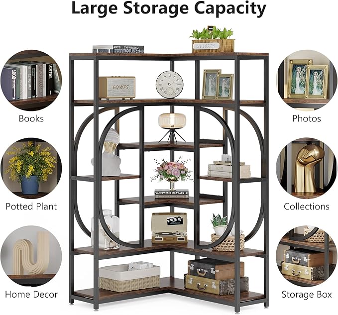 Tribesigns 7-Shelf Corner Bookshelf, Large Modern Corner Bookcase, Tall L-Shaped Corner Shelf Stand Display Rack with Storage, Metal Frame for Living Room Home Office (Rustic Brown)