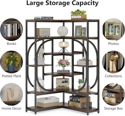 Tribesigns 7-Shelf Corner Bookshelf, Large Modern Corner Bookcase, Tall L-Shaped Corner Shelf Stand Display Rack with Storage, Metal Frame for Living Room Home Office (Rustic Brown)