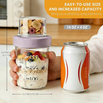 16+4 OZ Glass Mason Jars,Overnight Oats Containers with Lids and Spoon,Removable Independent Compartment,Large Capacity Airtight Jar for Milk,Fruit,Cereal,4 Pack(Purple/Green/White/Red)
